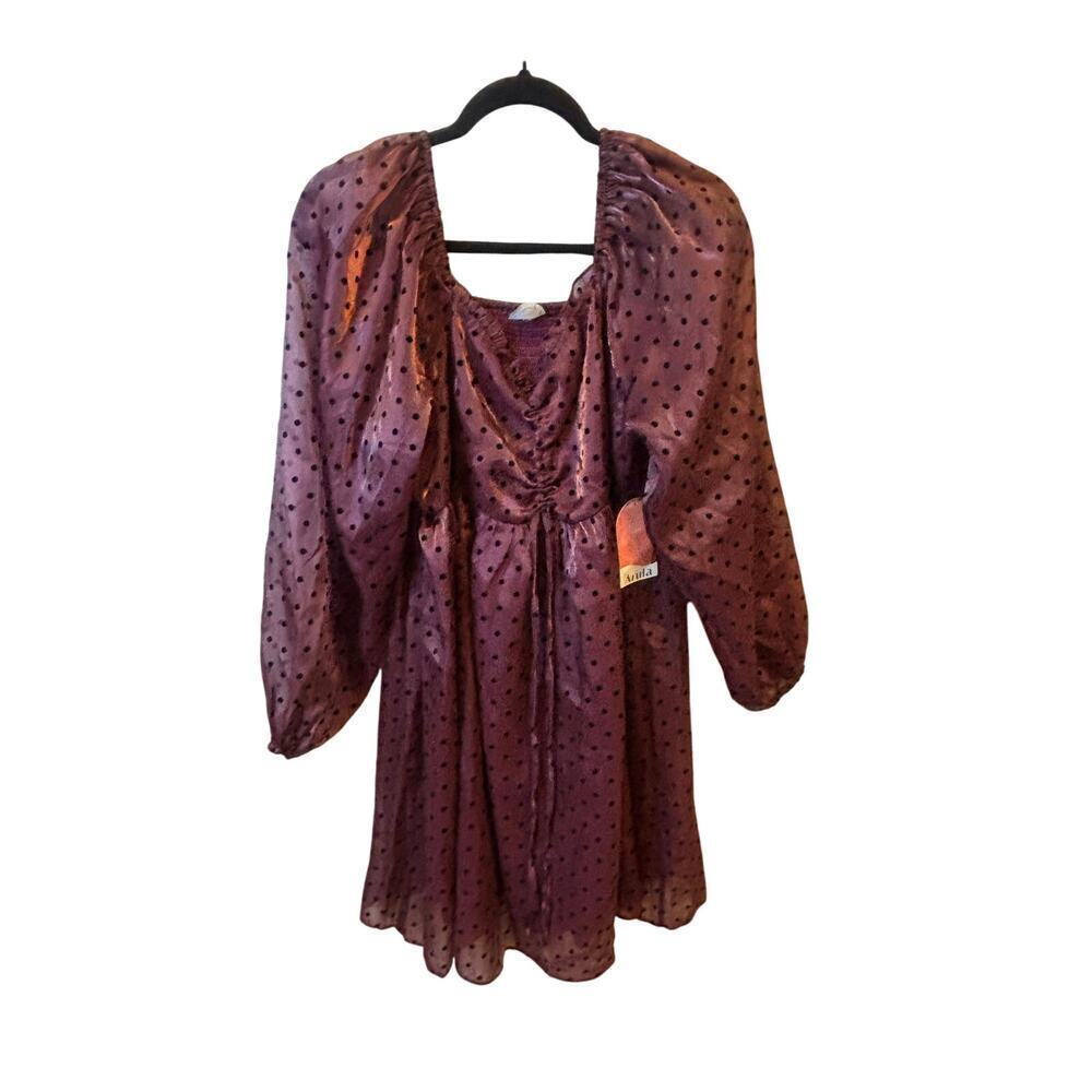 Arula Burgundy Long Sleeve Mini Polka Dot Dress Size 1X NWT